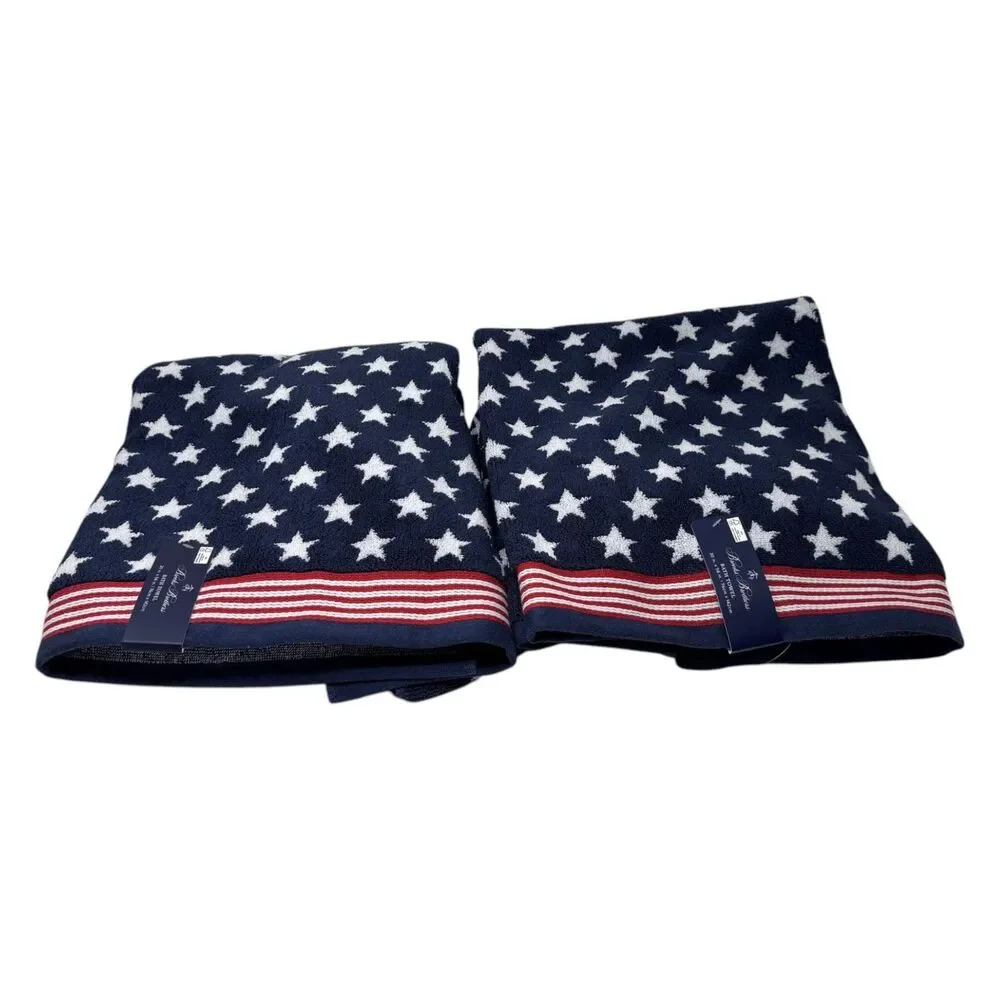 Brooks Brothers Patriotic Stars Stripes Navy Bath Towel Set 2pc 30x56 Cotton NWT